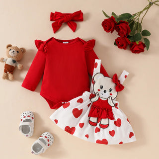 0-1 year old baby بنت 3-piece أكمام طويلة strap جيب solid color توب strap cartoon bear love جيب 100% cotton hair strap