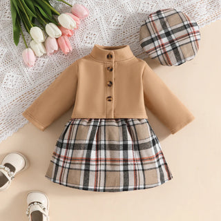 0-3 year old خريف and شتاء فستان طقم with velvet أكمام طويلةd jacket checkered belt جيب beret three piece طقم