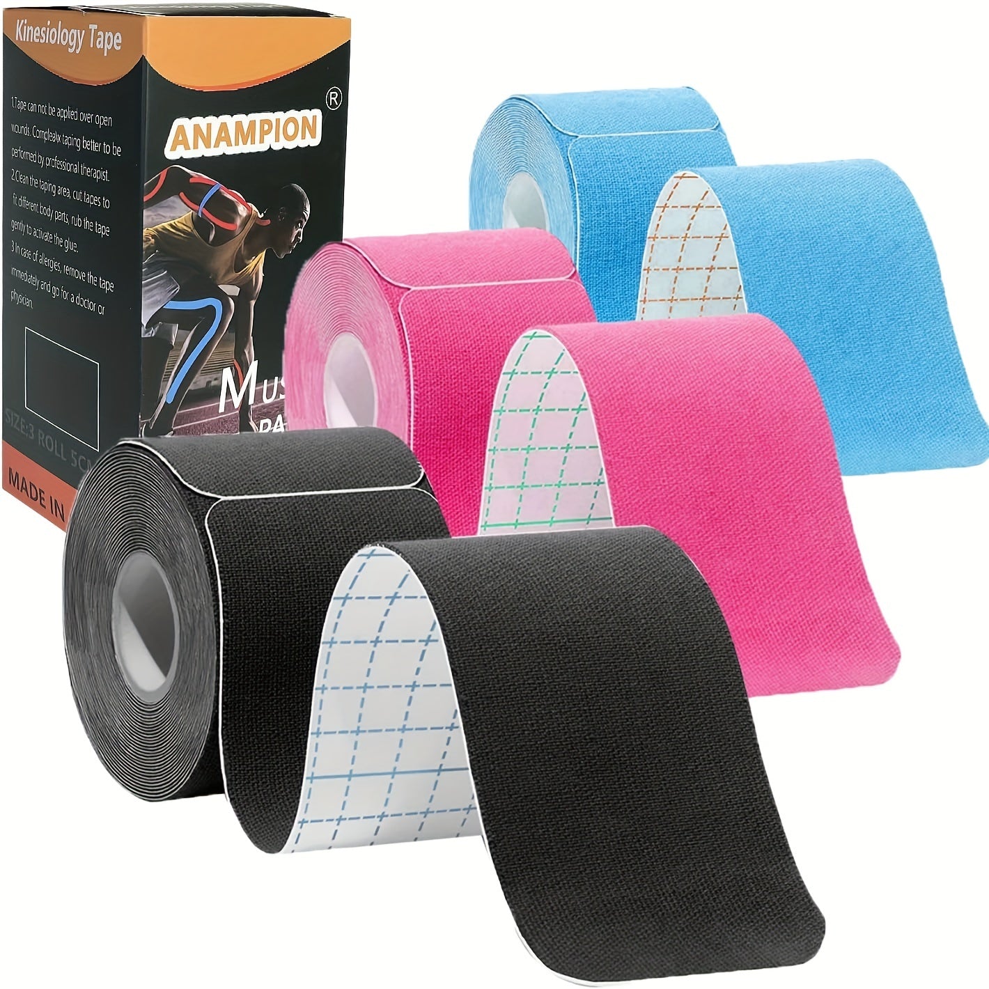 مجموعة من 3 شريط كينسيولوجي هبوالرجين - غير دوائي وخالي من اللاتكس للعضلات الرياضية الذي هو قابل للتنفس وخفيف الوزن