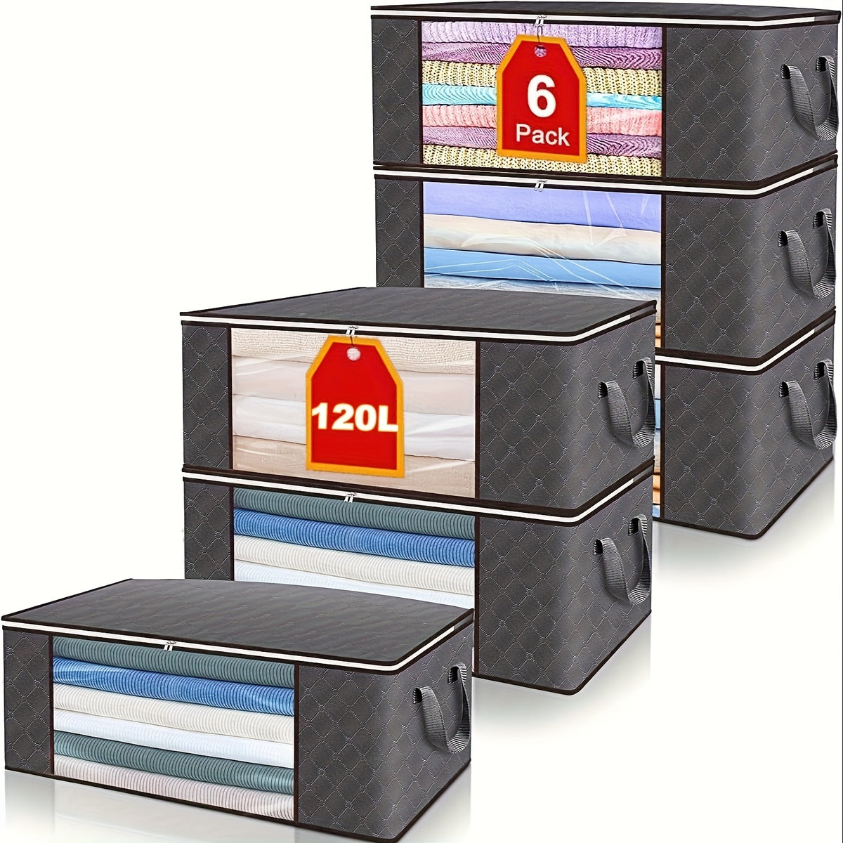 6 قطع أكياس تخزين كبيرة بسحاب للملابس، البطانيات، الوسائد، والفراش والمزيد - محمولة، قابلة للطي، توفير المساحة، مع نافذة شفافة ومقابض - مثالية للسفر، تنظيم المنزل، وتخزين السكن الجامعي