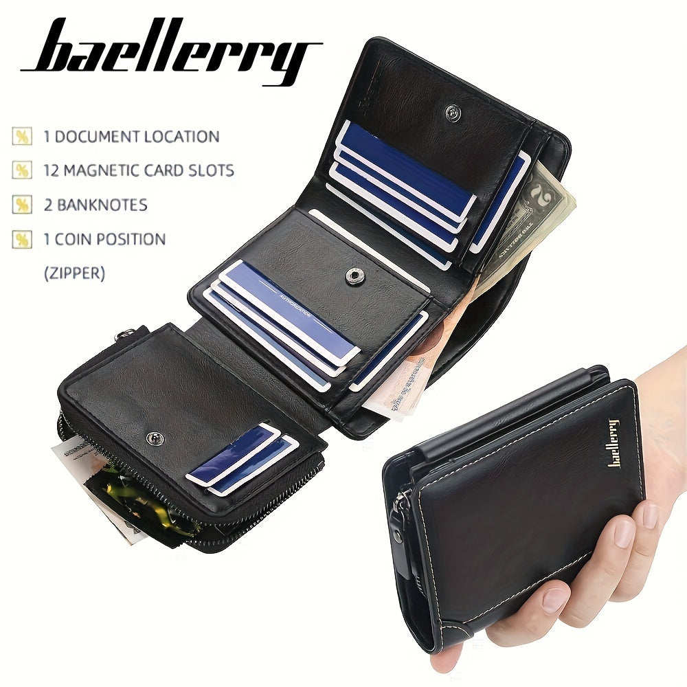 محفظة رجالية بـ 13 فتحة بطاقات، قصيرة بتصميم فينتاج من الجلد الصناعي مع إبزيم ثلاثي الطيات ومحفظة نقود بسحاب