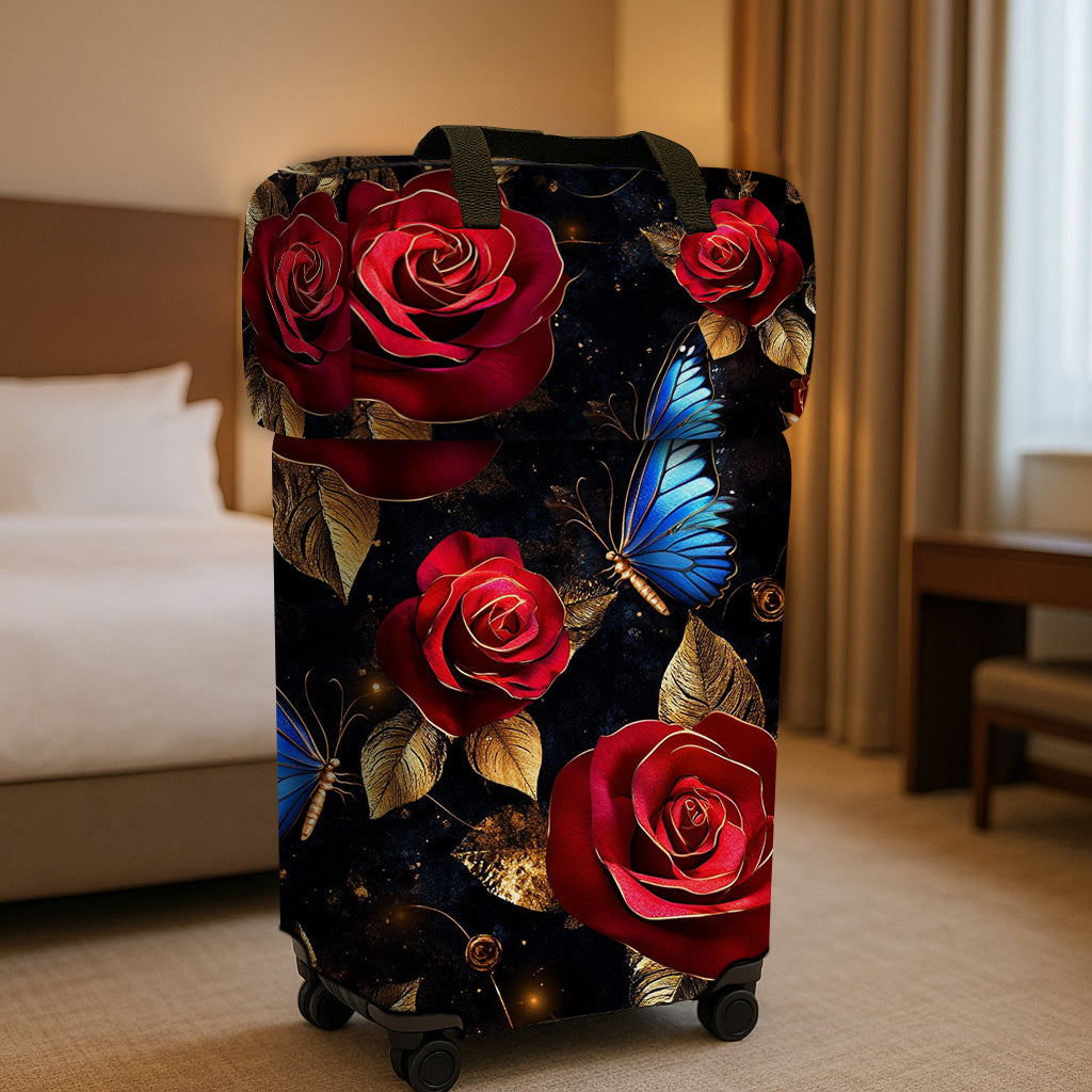 2 قطعة حقيبة سفر مع طباعة وردة حمراء وفراشة زرقاء (1 حقيبة + 1 غطاء أمتعة)، عربة يد، حقائب حمل للرجال والنساء، إكسسوارات أساسية للسفر والعطلات الخارجية