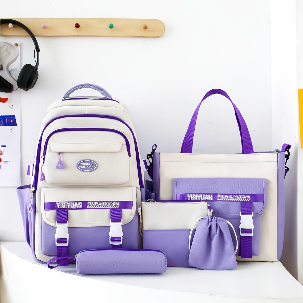مجموعة حقيبة ظهر نسائية مكونة من 5 قطع، مصنوعة من قماش الكانفاس، مع أحزمة قابلة للتعديل، إغلاق بسحاب، مبطنة بالبوليستر، حقيبة ظهر يومية للسفر ذات سعة كبيرة، ارتفاع 15 سم، عرض 8 سم، عمق 3 سم، عرض 10 سم، عمق 12 سم، عرض 24 سم، عمق 28 سم، نمط بريبي، قابلة للت