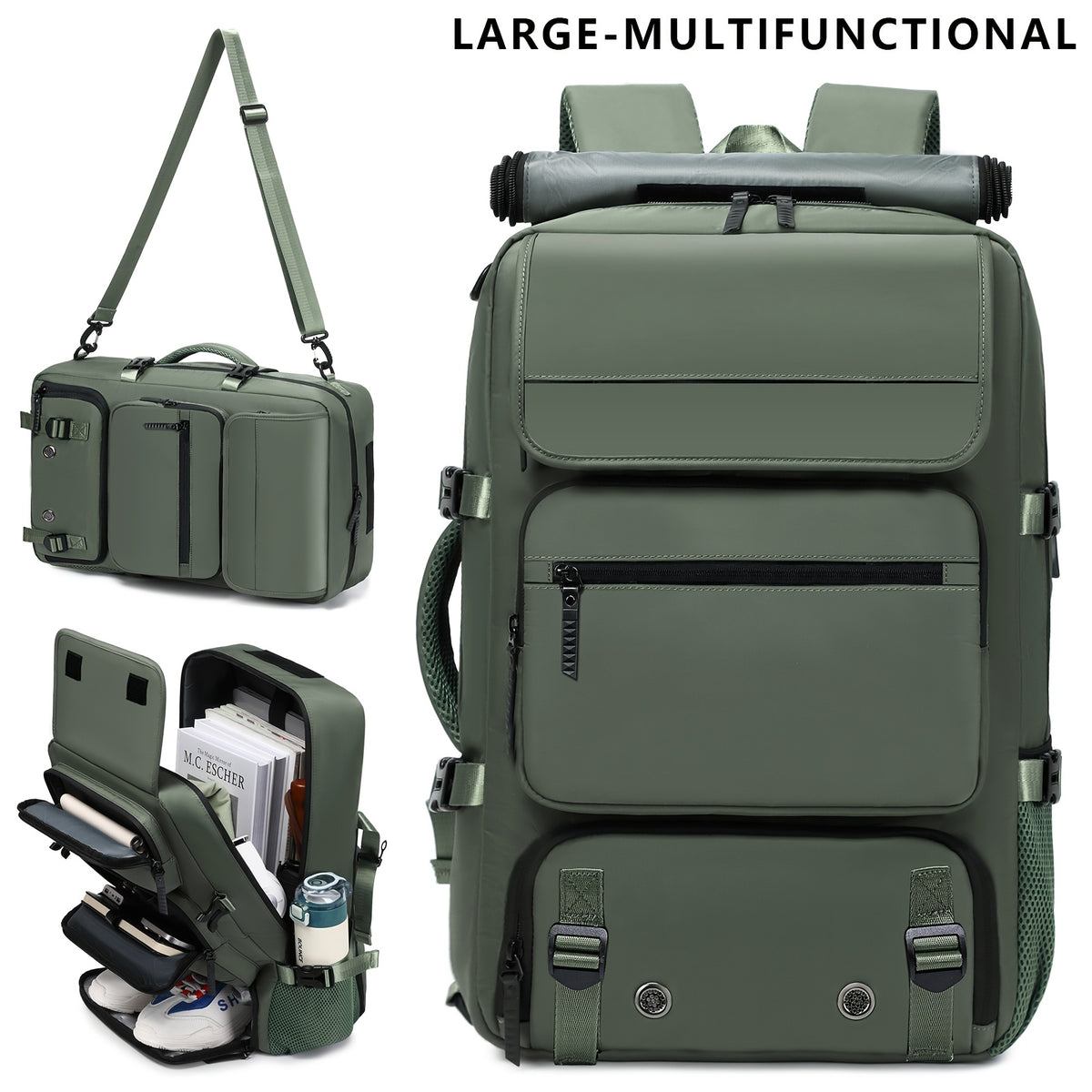 حقيبة ظهر قابلة للتحويل 3 في 1 للرجال - متينة وأنيقة لحمل الكمبيوتر المحمول والسفر مع تخزين للأحذية، مثالية للمدرسة والعمل والتنقل، متوفرة باللونين الأسود والأخضر، حقيبة تنقل يومية | حقيبة ظهر قابلة للتحويل | إغلاق بسحاب