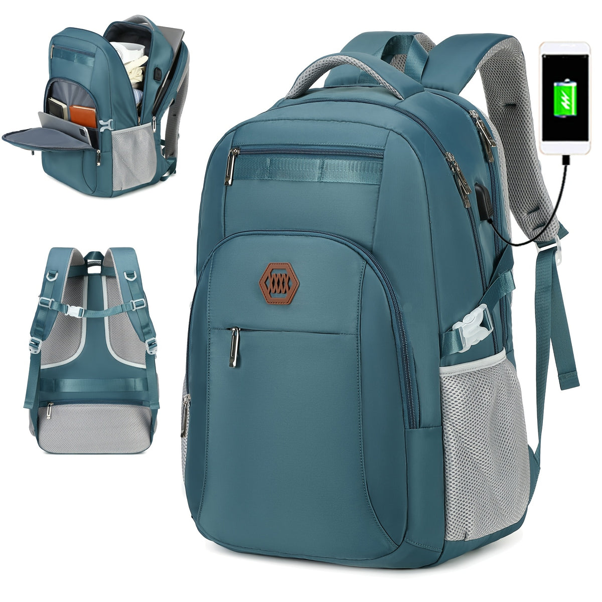 حقيبة ظهر متينة من البوليستر للكمبيوتر المحمول مزودة بمنفذ شحن USB وفتحة لعربة النقل، تصميم عملي، قابلة للغسل باليد، أحزمة قابلة للتعديل، إغلاق بسحاب، متوافقة مع أجهزة الكمبيوتر المحمولة بحجم 15.6 بوصة، مناسبة للرجال والنساء، للاستخدام في السفر والعمل.