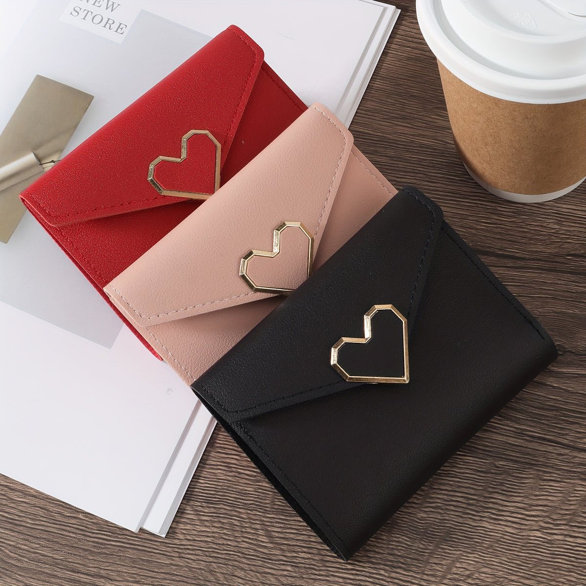 محفظة صغيرة مزينة على شكل قلب، محفظة عملات معدنية ثلاثية الطي، حامل لبطاقات الائتمان للسيدات