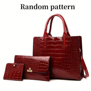 طقم حقائب يد بنقشة تمساح 3 قطع بلون سادة - توت، حقيبة كتف، حقيبة كروسبودي، محفظة ظرفية، حافظة بطاقات مناسبة للتسوق، للنساء، طلاب جامعات، العاملات الجدد. مثالية للمكتب، الجامعة، العمل، الأعمال، التنقل، والأنشطة الخارجية والسفر