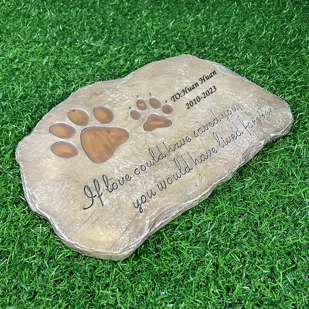 حجر تذكاري شخصي مصنوع من الراتنج، مطبوع عليه اسم وتاريخ ورسالة للكلاب الأليفة، مناسب للحدائق والفناء الخارجي أو الداخلي، مع حجر خطوة
