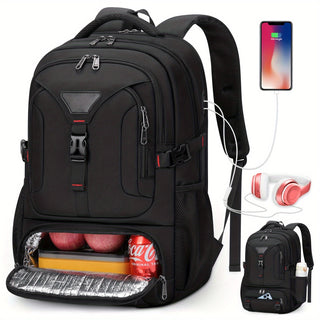 NUBILY حقيبة ظهر معزولة بسعة 50 لتر للغداء واللابتوب بمنفذ شحن – حقيبة سفر كبيرة للمدرسة والأعمال، قماش أوكسفورد أسود، أحبال قابلة للتعديل، مثالية للنزهات الخارجية وأيام العمل | حقيبة ظهر عملية | حقيبة ظهر من أوفسيد