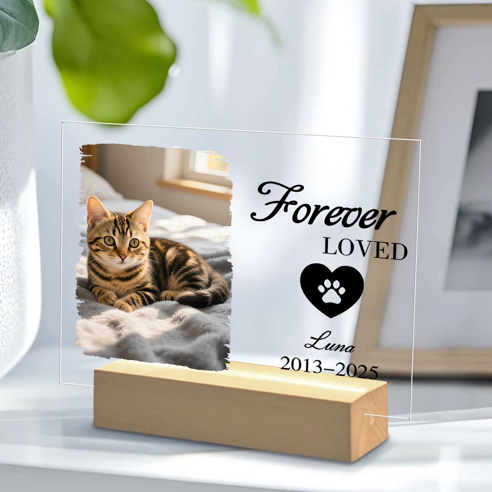 1 قطعة حامل تذكاري للحيوانات الأليفة من الأكريليك - قم بتحميل صورة حيوانك الأليف واسمه (مثل 'لونا 2013-2025') مع نقش 'لأبد الأحب' | تقديم احترامي لكلاب/قططك الأليفة | إطار ذهبي وردي شفاف كريستالي | هدية تذكارية لجسر القوس