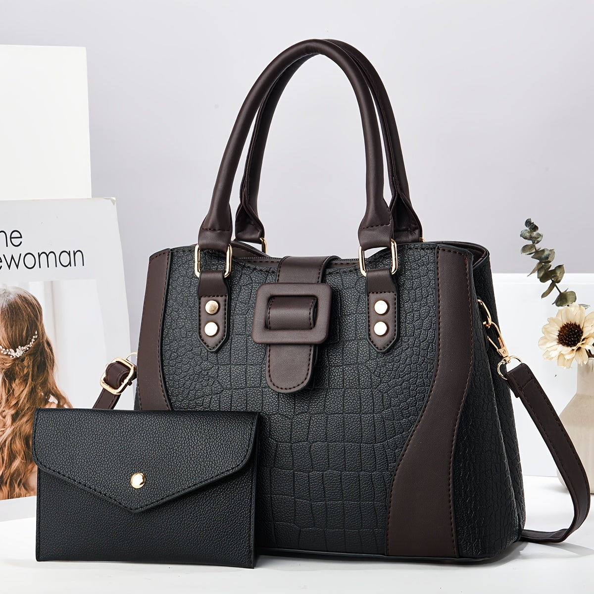 حقيبة كتف نسائية كبيرة السعة، حقيبة يد أنيقة بطباعة حروف هدية مثالية للأم أو الصديقة - مجموعة متعددة القطع