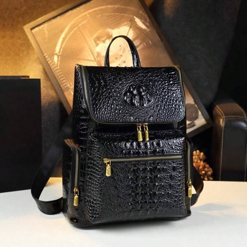 حقيبة ظهر فاخرة نسائية بتصميم تمساح أسود - ألياف فائقة الجودة مع أدوات ذهبية اللون، أقسام بسحاب متعددة وأحزمة مبطنة قابلة للتعديل للاستخدام اليومي والسفر - هدية عيد الحب لها، نسيج بتأثير التمساح، بطانة بوليستر، حقيبة متعددة الاستخدامات، تصميم أنيق، تشطيب