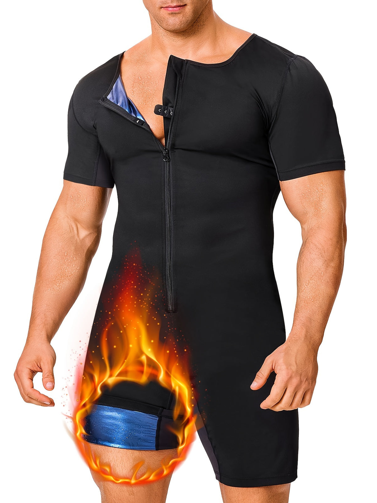 جونلان طقم رجالي مشكل للجسم مع دورة ساونا حرارية وسحاب أمامي - ملابس رياضية وجيم مشدودة لتحديد العضلات، تصميم بلون صلب قابل للغسل اليدوي، ملابس لياقة | مظهر أنيق | خصر مرن، إكسسوارات الجيم