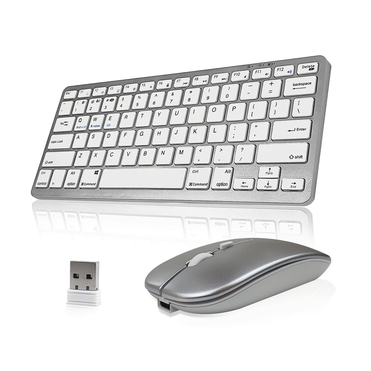 لوحة مفاتيح وفأرة لاسلكية فائقة النحافة، مجموعة لوحي وبلوتوث 2.4G محمولة، بطارية ليثيوم بوليمر قابلة للشحن، تصميم قاعدة مقصية، متوافقة مع أجهزة اللابتوب والكمبيوتر المكتبي والأجهزة اللوحية وأيباد وأندرويد وماك بوك، كشف بصري صامت، شحن Type-C، نطاق طاقة 0.0