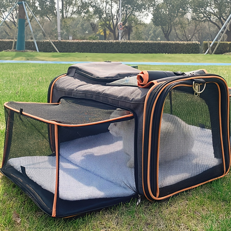 حقيبة نقل الحيوانات الأليفة الناعمة القابلة للتوسيع والمعتمدة من شركات الطيران للقطط والكلاب حتى وزن 10.89 كجم - حقيبة سفر قابلة للتمدد مع وسائد صوفية قابلة للإزالة، جيوب متعددة، ألواح تهوية شبكية ومقابض مريحة - إغلاق بسحّاب متين لرحلات عيد الميلاد والسفر