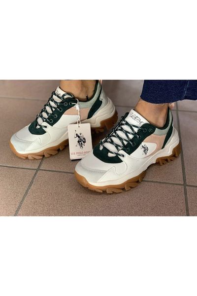 قاعدة. بولو أسن. حذاء رياضي نسائي - حذاء رياضي مريح باللونين الأبيض والأخضر