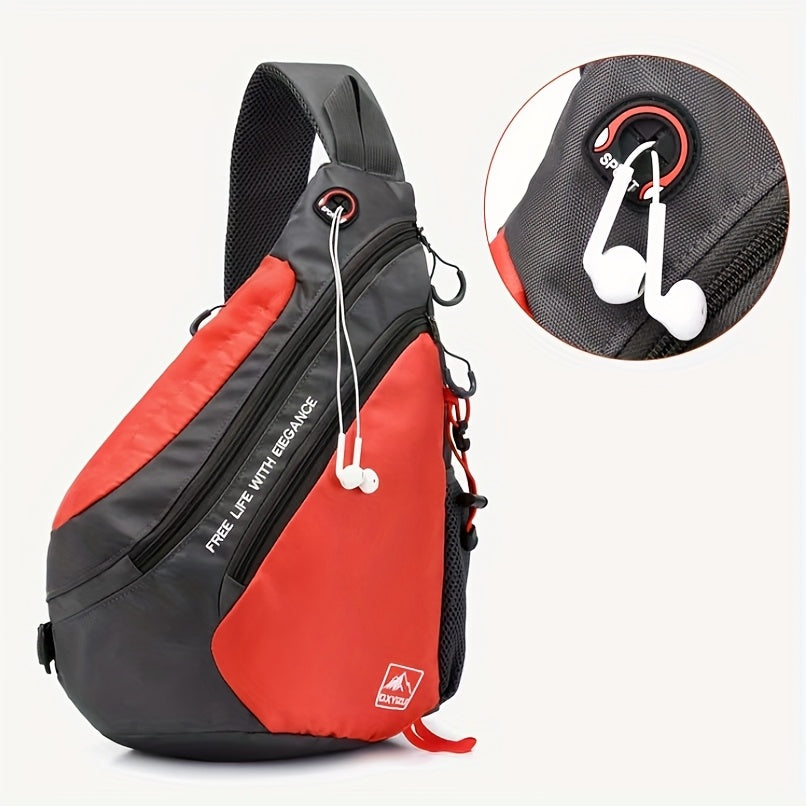 حقيبة كتف/صدر نايلون سعة كبيرة مع مقبس سماعة - حقيبة حمراء ورمادية متعددة الاستخدامات مع عدة أقسام، زر أمان خلفي، حزام قابل للتعديل للتنقل اليومي، السفر، الأنشطة الخارجية
