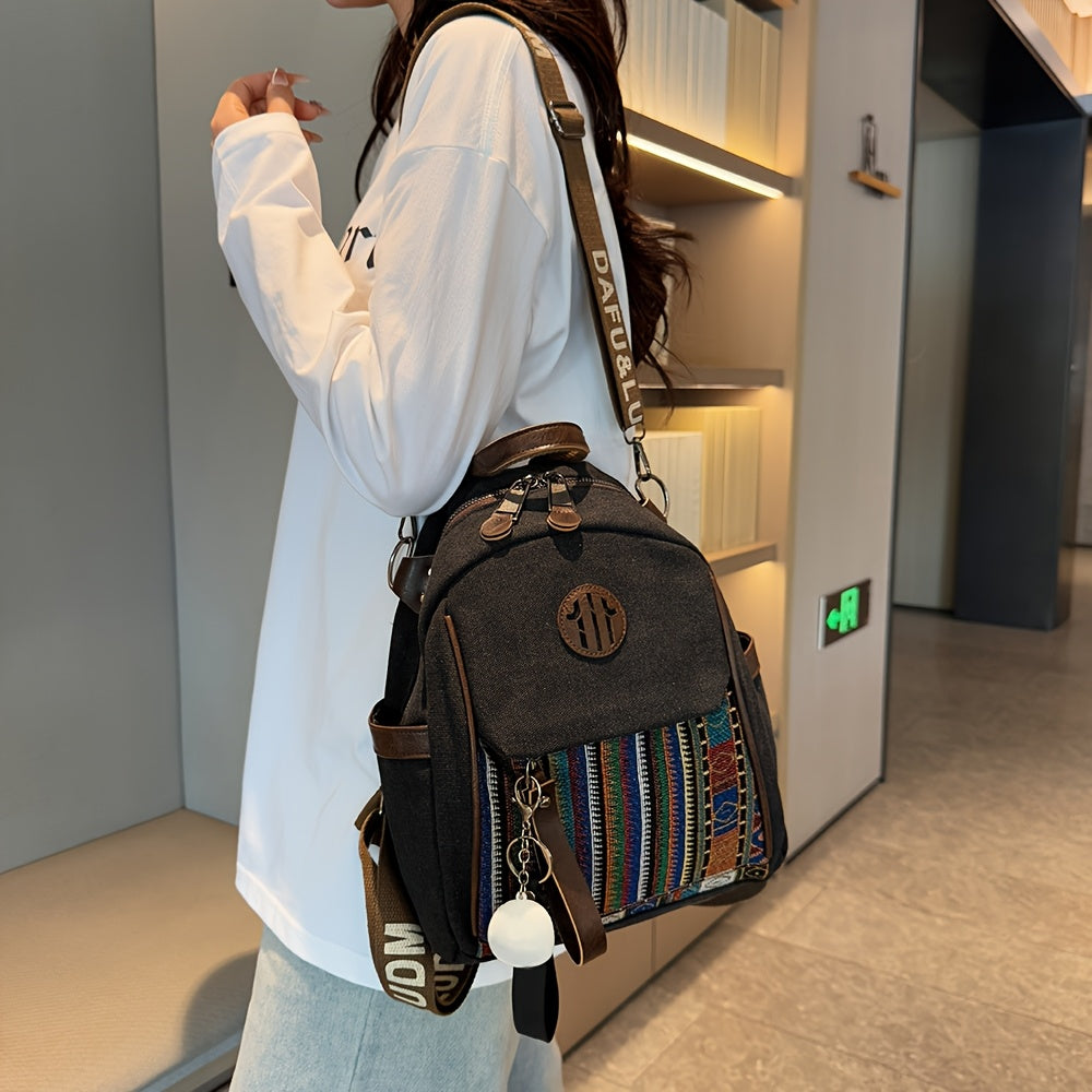 حقيبة ظهر نسائية كاجوال من قماش أكسفورد بنقشة مربعات مع أحزمة قابلة للتعديل وعدة أقسام - حقيبة يومية متينة بسحاب أسود للسفر والكلية، تصميم تطريز عرقي، بطانة بوليستر