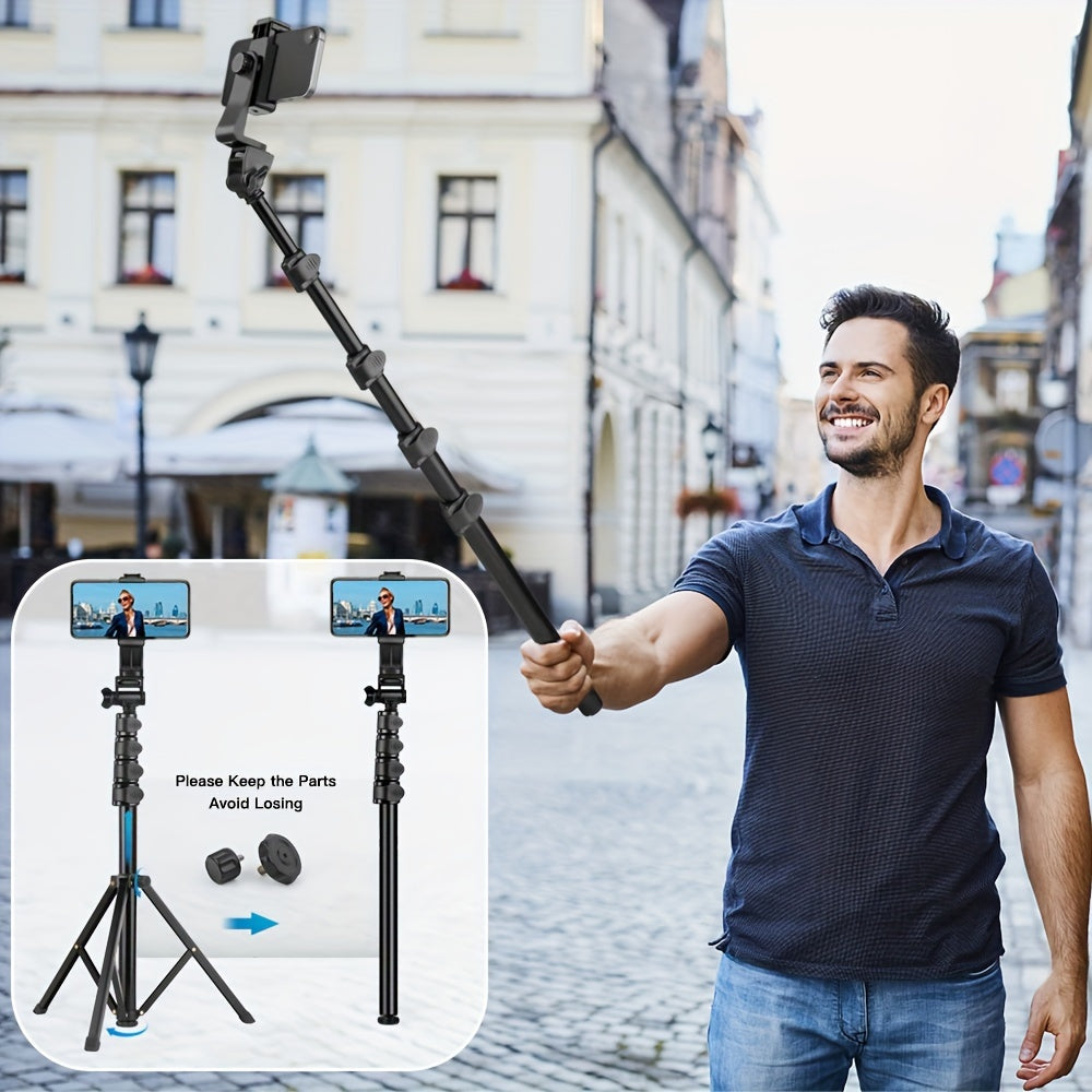 حامل ثلاثي القوائم مصنوع من سبائك الألمنيوم مع رأس متحرك، ارتفاعه قابل للتعديل حتى 213.36 سم، عصا سيلفي مرنة، حاملة هواتف محمولة للتصوير الفوتوغرافي، الفلوج، والسفر.