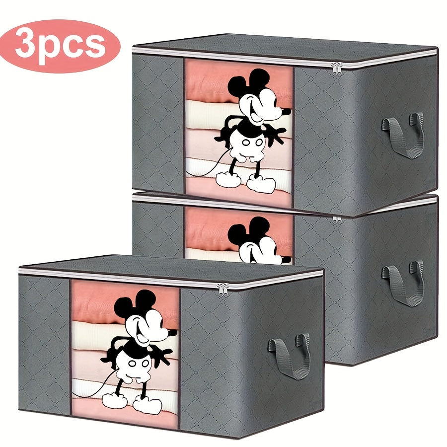 حقيبة تخزين بطباعة كرتونية سعة كبيرة 3 قطع، رمادية، 90 لتر، حاوية قماشية لتخزين الملابس واللحاف المنزلية، حاوية تنظيم داخلية، حقيبة تخزين للديكورات العطلات مع مقبض قوي ونافذة عرض