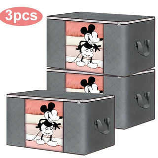 حقيبة تخزين بطباعة كرتونية سعة كبيرة 3 قطع، رمادية، 90 لتر، حاوية قماشية لتخزين الملابس واللحاف المنزلية، حاوية تنظيم داخلية، حقيبة تخزين للديكورات العطلات مع مقبض قوي ونافذة عرض