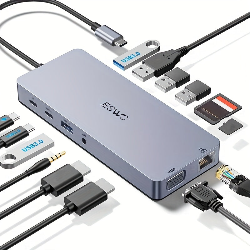 محول USB C هاب 14 في 1، محول USB C مع إيثرنت RJ45، VGA، منافذ USB 3.0، 100 واط PD، SD/TF، AUX 3.5 مم، محول متعدد المنافذ لأجهزة المزيد من نوع C، JESWO