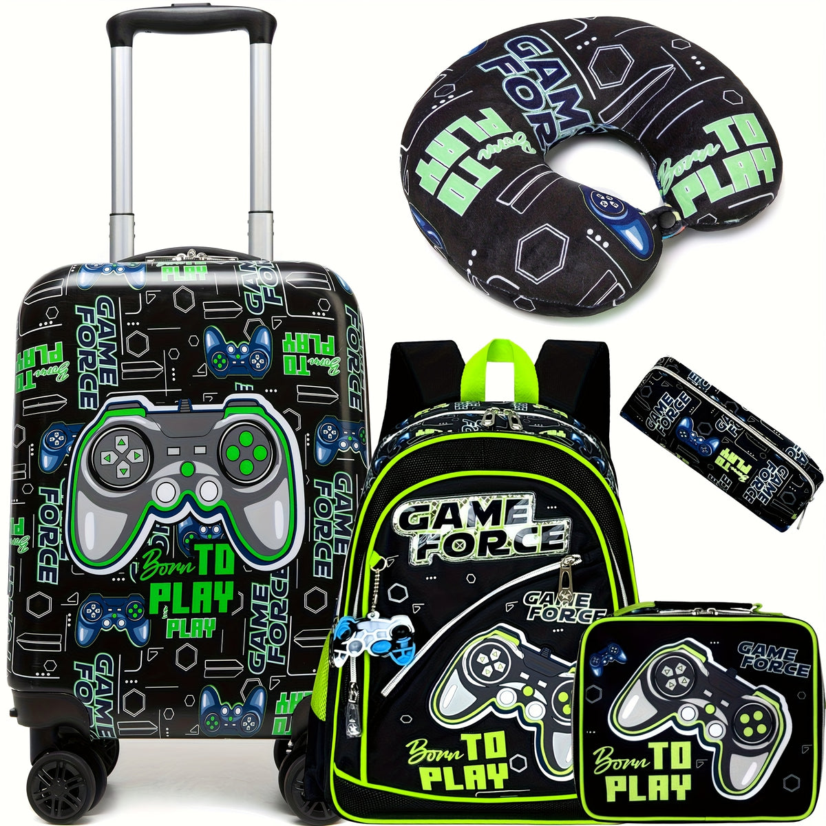 مجموعة حقائب سفر متعددة الوظائف بتصميم جهاز تحكم ألعاب للأطفال مع عجلات - حقيبة ظهر للرحلات والمدرسة والتخييم، هدية رائعة للأولاد والبنات (5 قطع)