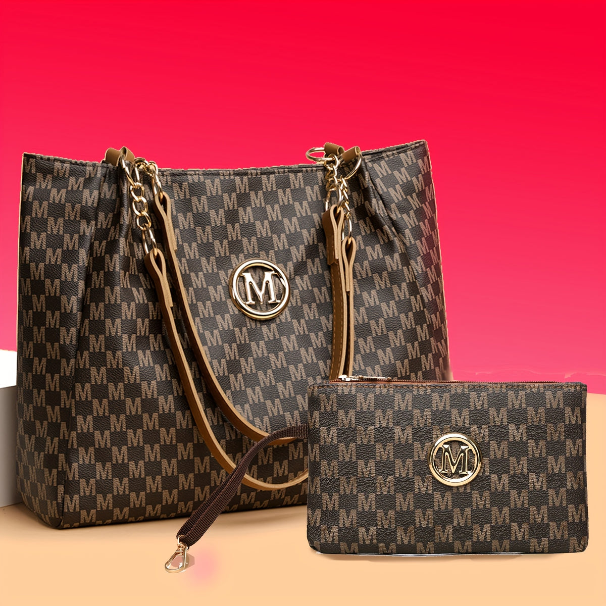 مجموعة حقيبة كتف نسائية بتصميم م-برينت من الجلد الصناعي مع حقيبة صغيرة مطابقة، سعة كبيرة، حزام ثابت، إغلاق بسحاب، مبطنة بالبوليستر، نمط أوربي - مثالية لمناسبات مختلفة