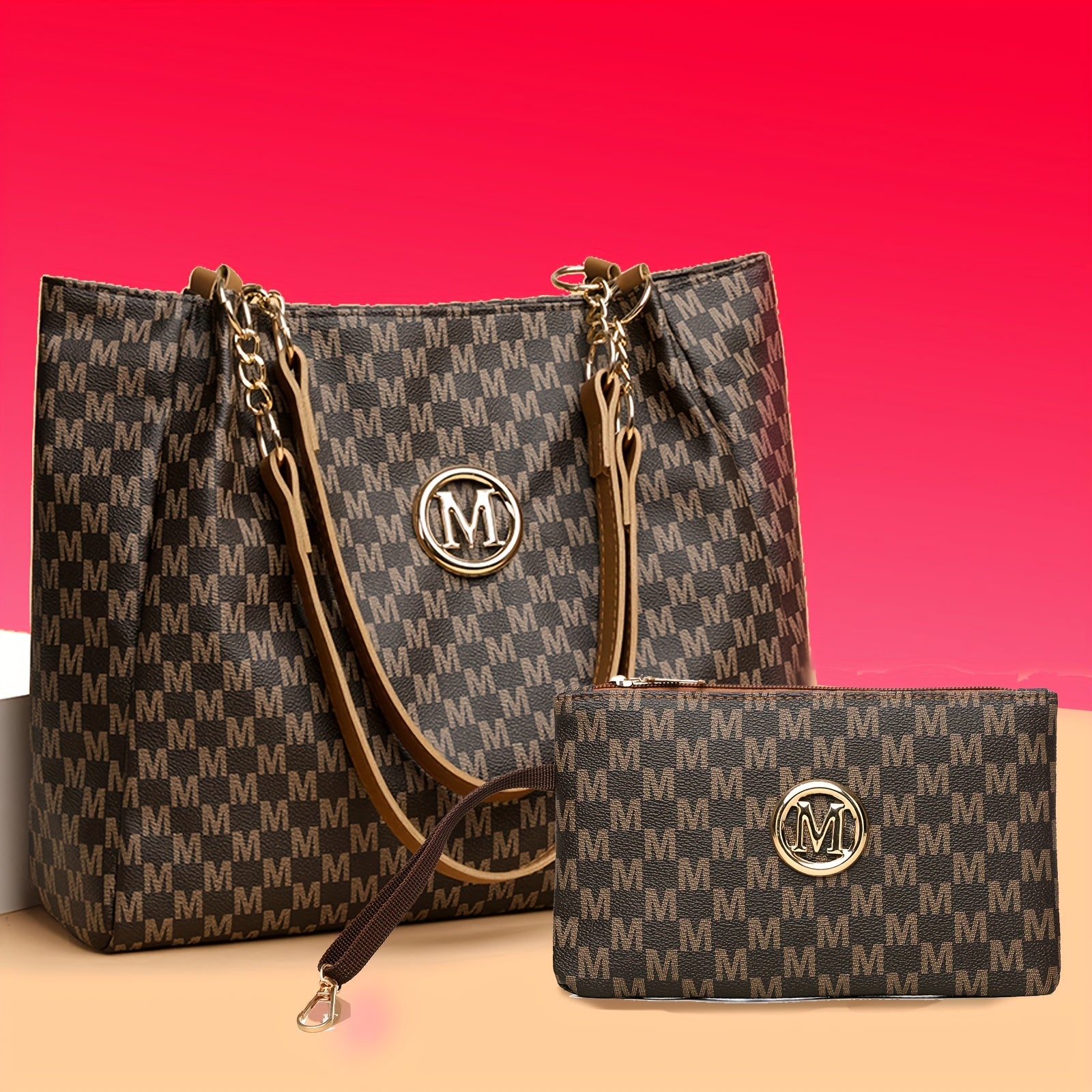 مجموعة حقيبة كتف نسائية بتصميم م-برينت من الجلد الصناعي مع حقيبة صغيرة مطابقة، سعة كبيرة، حزام ثابت، إغلاق بسحاب، مبطنة بالبوليستر، نمط أوربي - مثالية لمناسبات مختلفة