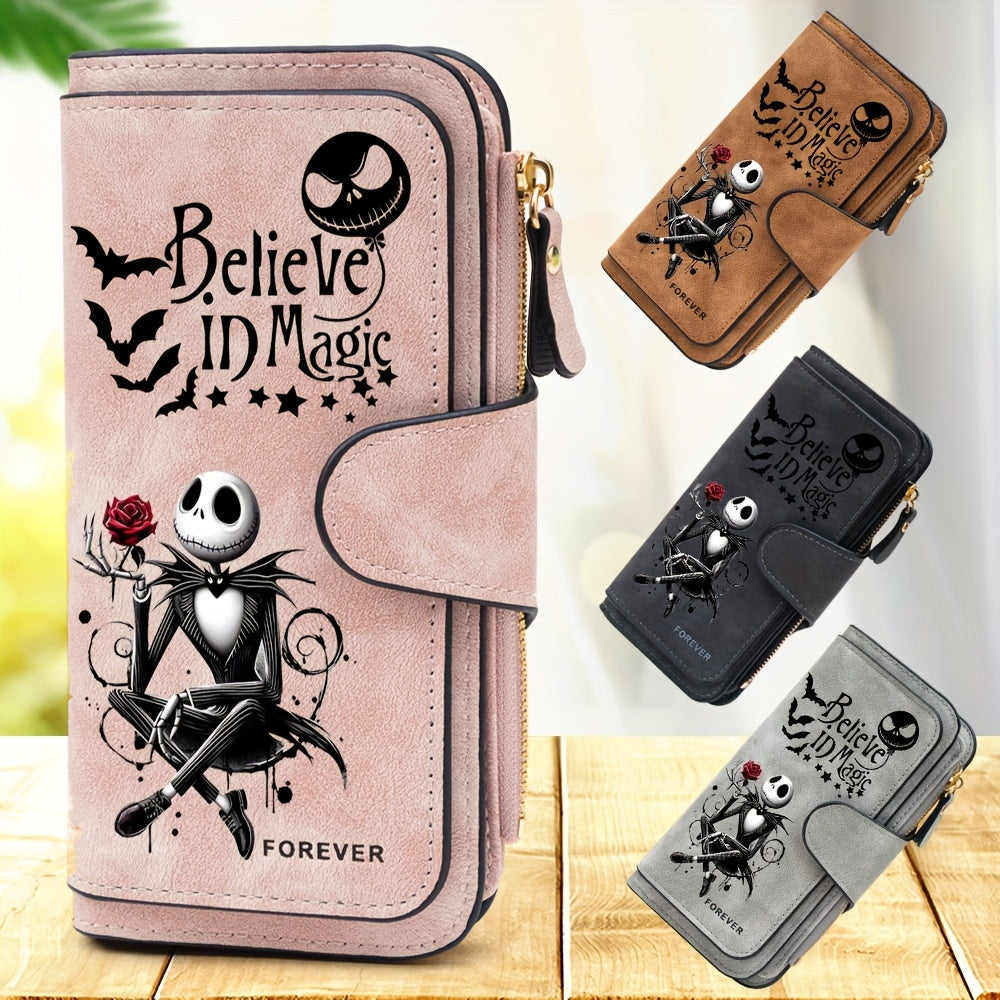 محفظة طويلة تظهر شخصية جاك سكيليبتون من ديزني، مناسبة للرجال والنساء، بتصميم بسيط، جيب للعملات المعدنية، إغلاق بسحاب، وطباعة مسطحة ثلاثية الأبعاد، مما يجعلها هدية مثالية لأعياد الميلاد وعيد الحب.