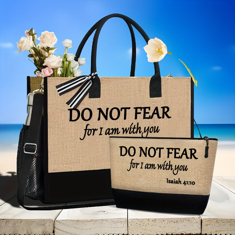 مجموعة حقيبة مطبوعة 2 قطعة من قماش خفيف الوزن، حقيبة تسوق محمولة للسفر والشاطئ وحقيبة مكياج