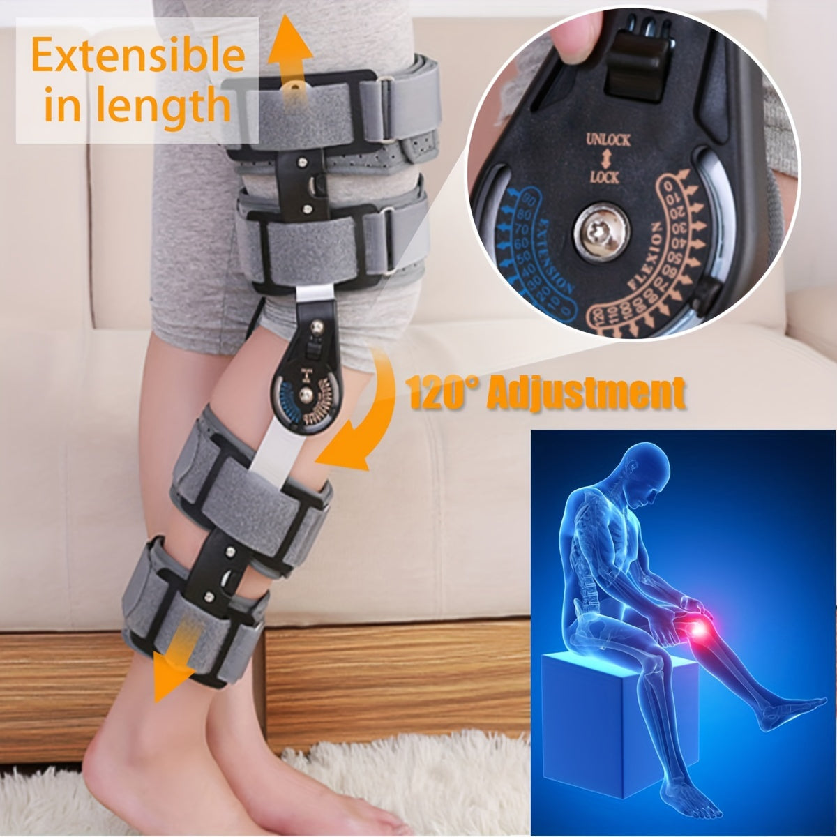 دعامة الركبة المعدلة باللون الرمادي مع قفل زر - بطانة إسفنجية مريحة، مثالية لدعم الرياضة والتعافي بعد الجراحة، قابل للتعديل الطول من 22 إلى 26 بوصة أو 56 إلى 66 سم