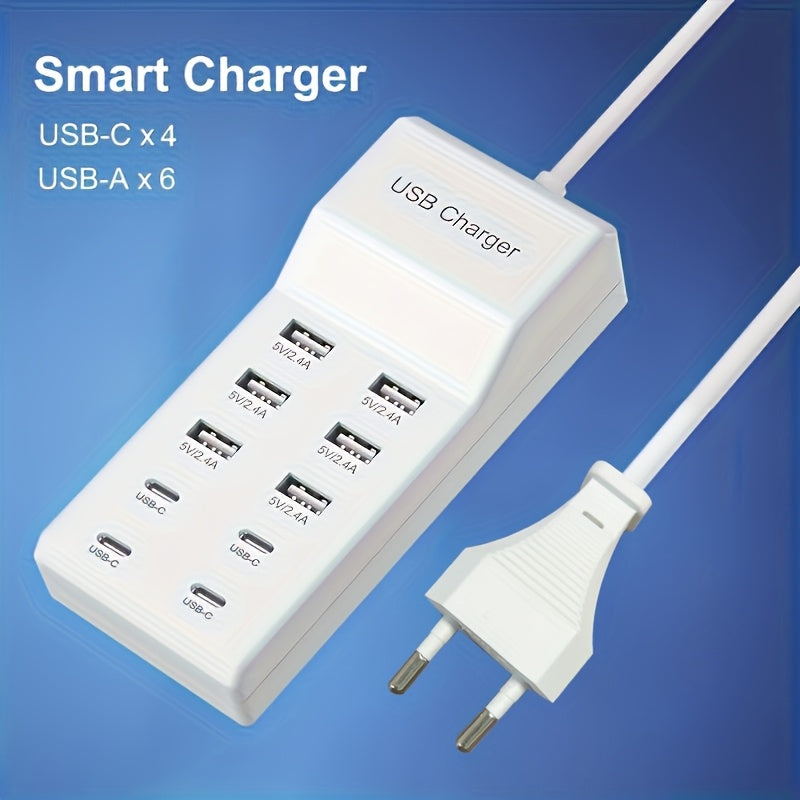 شاحن متعدد المنافذ موديل جديد لعام 2025 مع 6 منافذ Type-C و4 منافذ USB-A، باستخدام محول عالمي 5V2.4A للشحن السريع لأجهزة متعددة في وقت واحد، مما يجعل الشحن أسهل وأسرع!