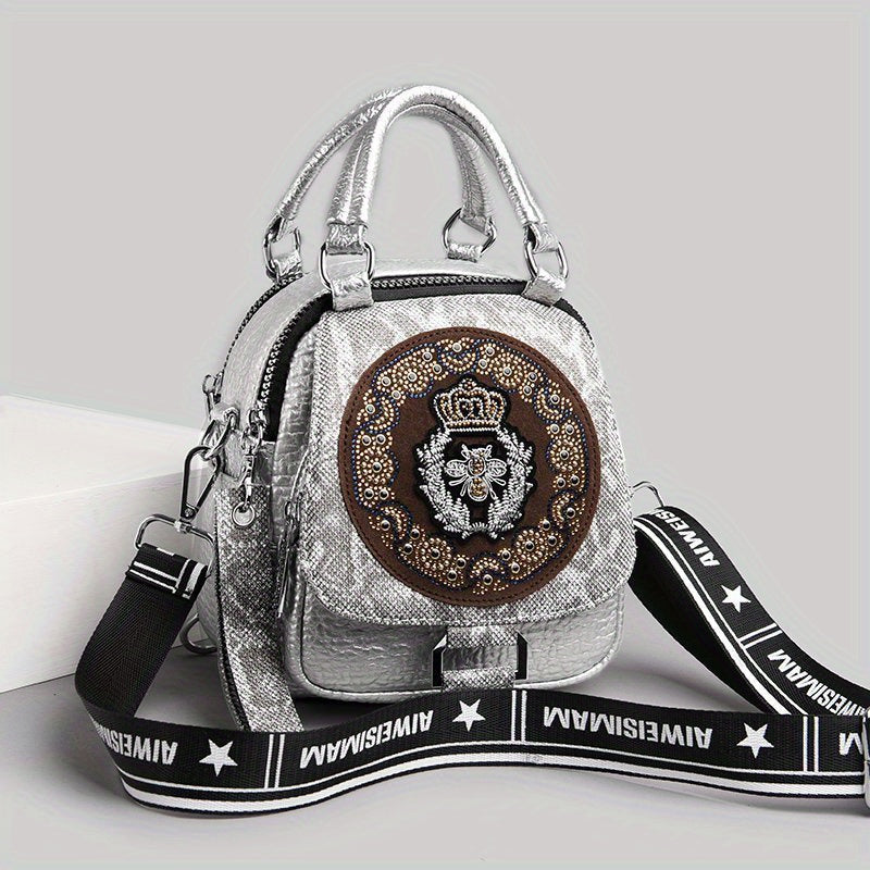 حقيبة ظهر أنيقة للنساء | تصميم فاخر بلونين مع تزيينات من الراينستون اللامعة | مصنوعة من مواد صناعية متينة | حقيبة ظهر متعددة الوظائف مع أحزمة قابلة للتعديل | إغلاق بسحاب | مبطنة بالبوليستر | مثالية للسفر والاستخدام اليومي، حقيبة ظهر للمدرسة