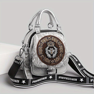 حقيبة ظهر أنيقة للنساء | تصميم فاخر بلونين مع تزيينات من الراينستون اللامعة | مصنوعة من مواد صناعية متينة | حقيبة ظهر متعددة الوظائف مع أحزمة قابلة للتعديل | إغلاق بسحاب | مبطنة بالبوليستر | مثالية للسفر والاستخدام اليومي، حقيبة ظهر للمدرسة