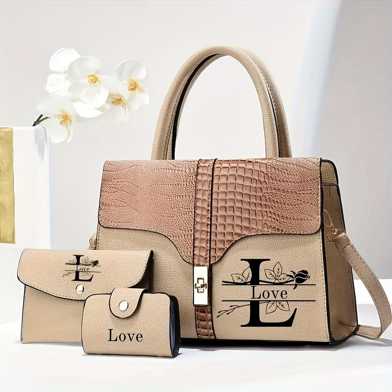 مجموعة حقائب كتف مطبوعة على شكل تمساح عالية الجودة بسعة كبيرة، تصميم شخصي بنقشة اسم الحروف - حقيبة يد نسائية أنيقة ومتعددة الاستخدامات، نمط ريترو أنيق، هدية عيد الأم، اختيار عيد الميلاد، قطعة جمعية