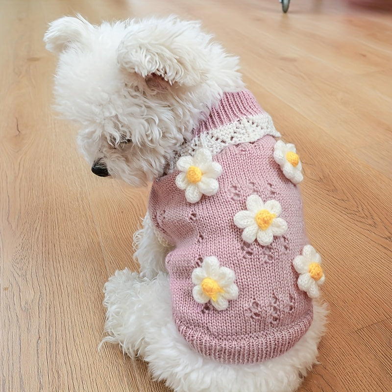 سترة محبوكة بتصميم زهري للكلاب الصغيرة - هدية مثالية لعيد الميلاد للدمى والبوميران والكثير من الحيوانات الأليفة | ملابس دافئة وأنيقة للحيوانات الأليفة مع تفاصيل دانتيل، سترات للكلاب
