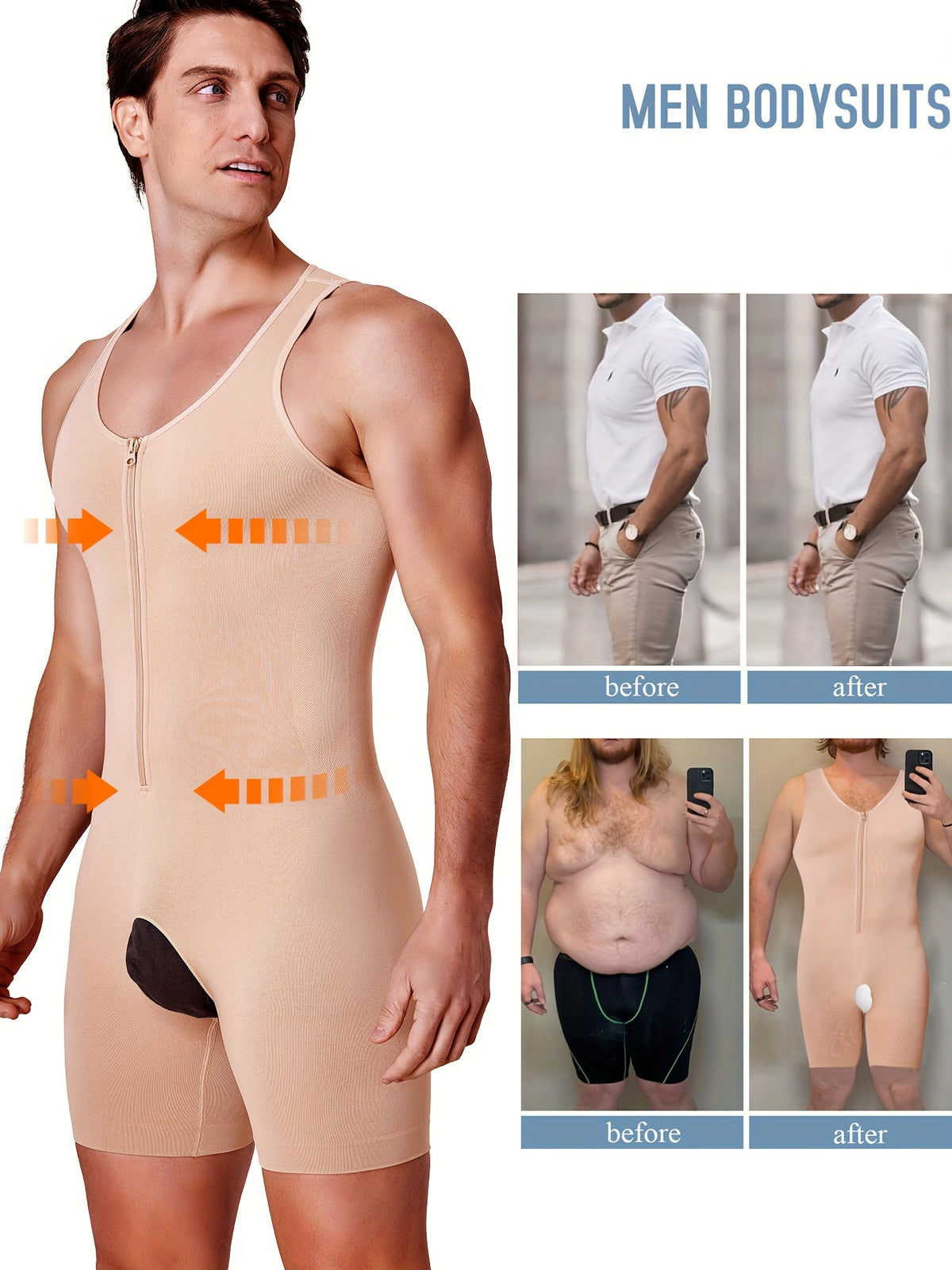 بدلة جسم للرجال من جولان بسحاب للتحكم في البطن - بيج، مقاس نحيف، يخفي مشاكل نمو الثدي لدى الذكور، دعم ضاغط، قابل للغسل يدويًا، ياقة دائرية، قماش نايلون مطاطي، ملابس دعم سرية | تصميم ياقة دائرية | مادة شبه شفافة، ملابس داخلية للتحكم في البطن