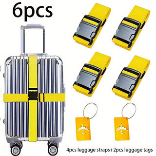 6 قطع أحزمة أمتعة مع 2 قطعة علامات معتمدة من TSA - أحزمة بوليستر مرنة متينة، إكسسوارات سفر قابلة للتعديل ومتعددة الاستخدامات للحقائب والشنط (أسود/أبيض/أحمر/أصفر) - للأعمال، الإجازات، الرياضة، إكسسوارات أنيقة للحقائب، أبازيم عالية الجودة