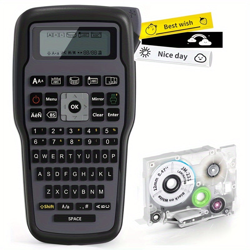 طابعة الملصقات الحرارية المحمولة MarkDomain E1000 - طاقة مزدوجة، صانع ملصقات صناعي متوافق مع Brother TZe-231، تشمل USB وشريط، MarkDomain