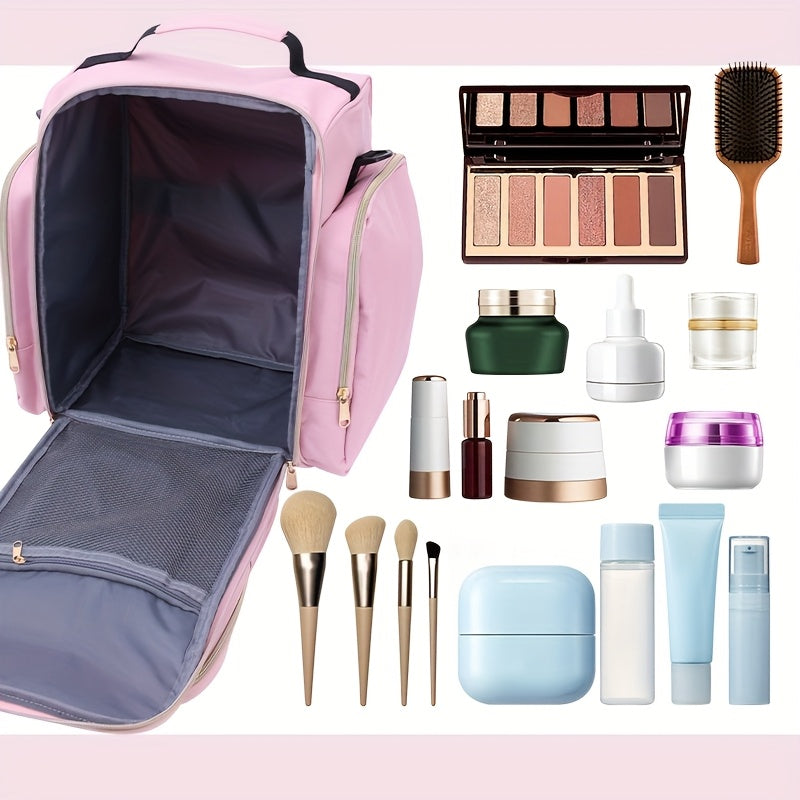 حقيبة مكياج للسفر مع صناديق قابلة للفصل وأكثر من حقائب تخزين، مزودة بأربعة أقسام قابلة للفصل ولفافة لتخزين المجوهرات