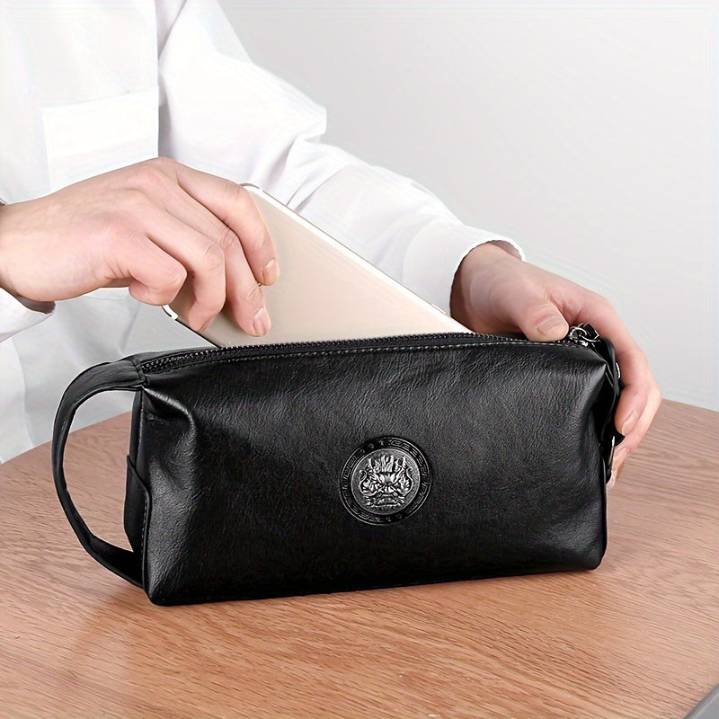 محفظة رجالية سوداء من الجلد الصناعي مع سحاب - تصميم أنيق للتنقل اليومي، جيب للتابلت، أسلوب عملي، غير قابل للغسل