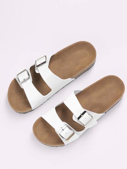 SHUZIA صنادل نسائية مسطحة من البي يو ذات مزدوج مشبك وبطانة من الفلين، صنادل نسائية بيضاء