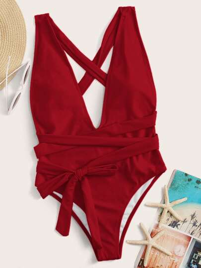 مايوه حريمي قطعة واحدة Swim ملابس سباحة قطعة واحدة بعنق عميق متقاطع