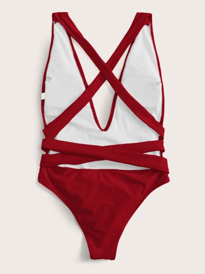 مايوه حريمي قطعة واحدة Swim ملابس سباحة قطعة واحدة بعنق عميق متقاطع