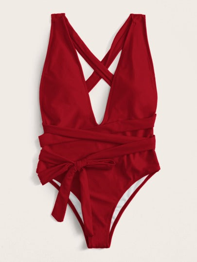 مايوه حريمي قطعة واحدة Swim ملابس سباحة قطعة واحدة بعنق عميق متقاطع