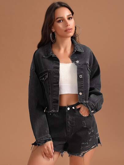 Essnce جاكيت من الدينيم منخفض الكتف وبحافة خام بلون موحد