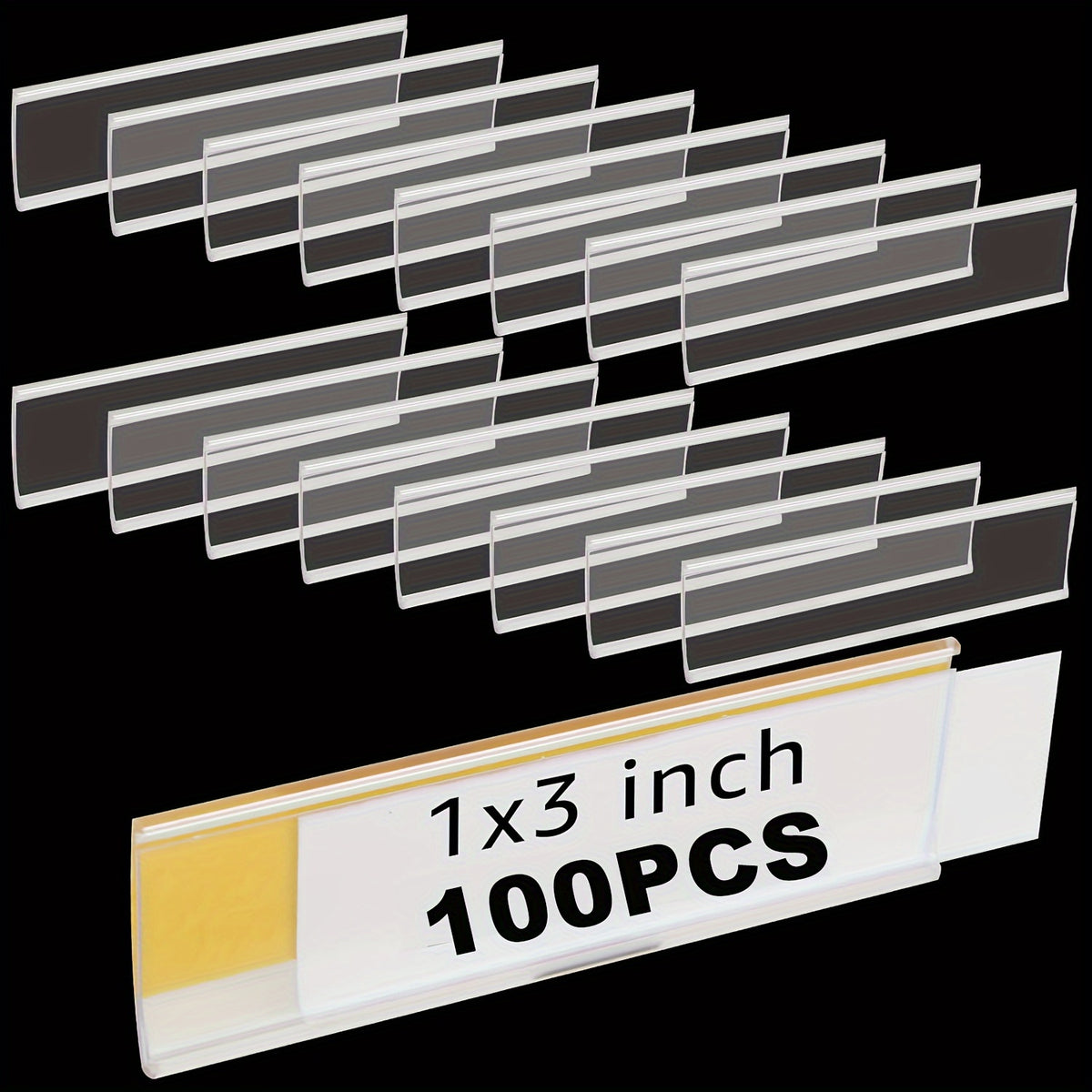100 قطعة 7.62x2.54 سم حاملات ملصقات ذاتية اللصق مع بطاقات ورقية - شفافة، مقاومة للماء والبقع، ملصقات أرفف للمحلات الكبرى، أرفف الكتب، صناديق البريد وصناديق التخزين