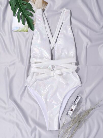 مايوه حريمي قطعة واحدة Swim ملابس سباحة قطعة واحدة مطوي معقود جلد ثعبان معدني