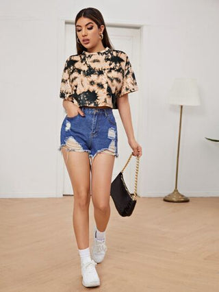EZwear تي شيرت قصير بصبغ متعادل منخفض الاكتاف